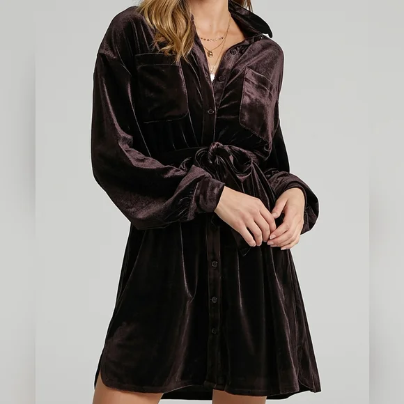 Velvet Button-Down Dress in Brown - Picture 2 of 7